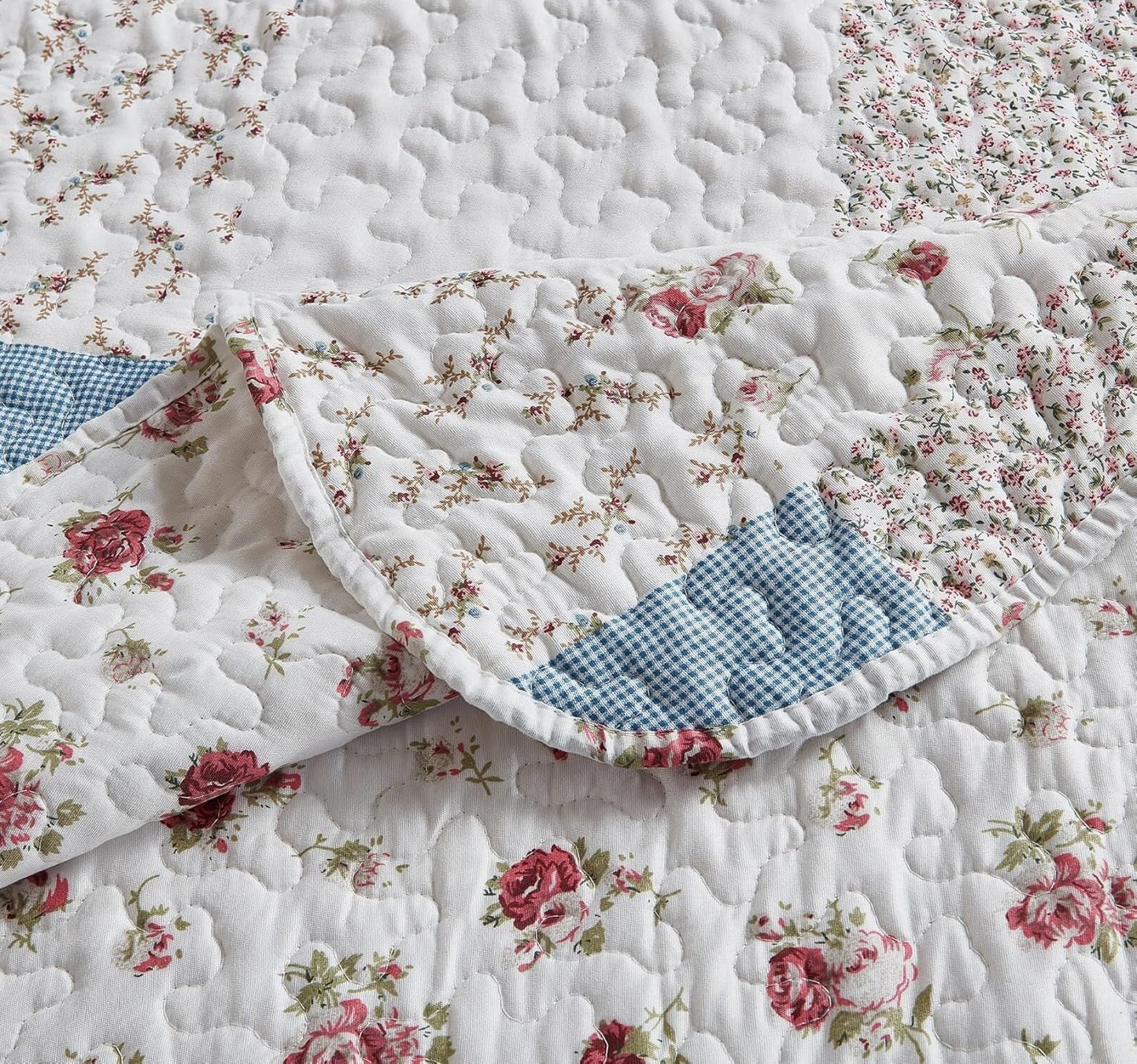Brilliant Sunshine Pink Rose with Small Blue Check Patchwork, 2-Piece Quilt Set with 1 Sham, Reversible Bedspread, Soft Lightweight Coverlet, All-Season, Twin, Pink Blue