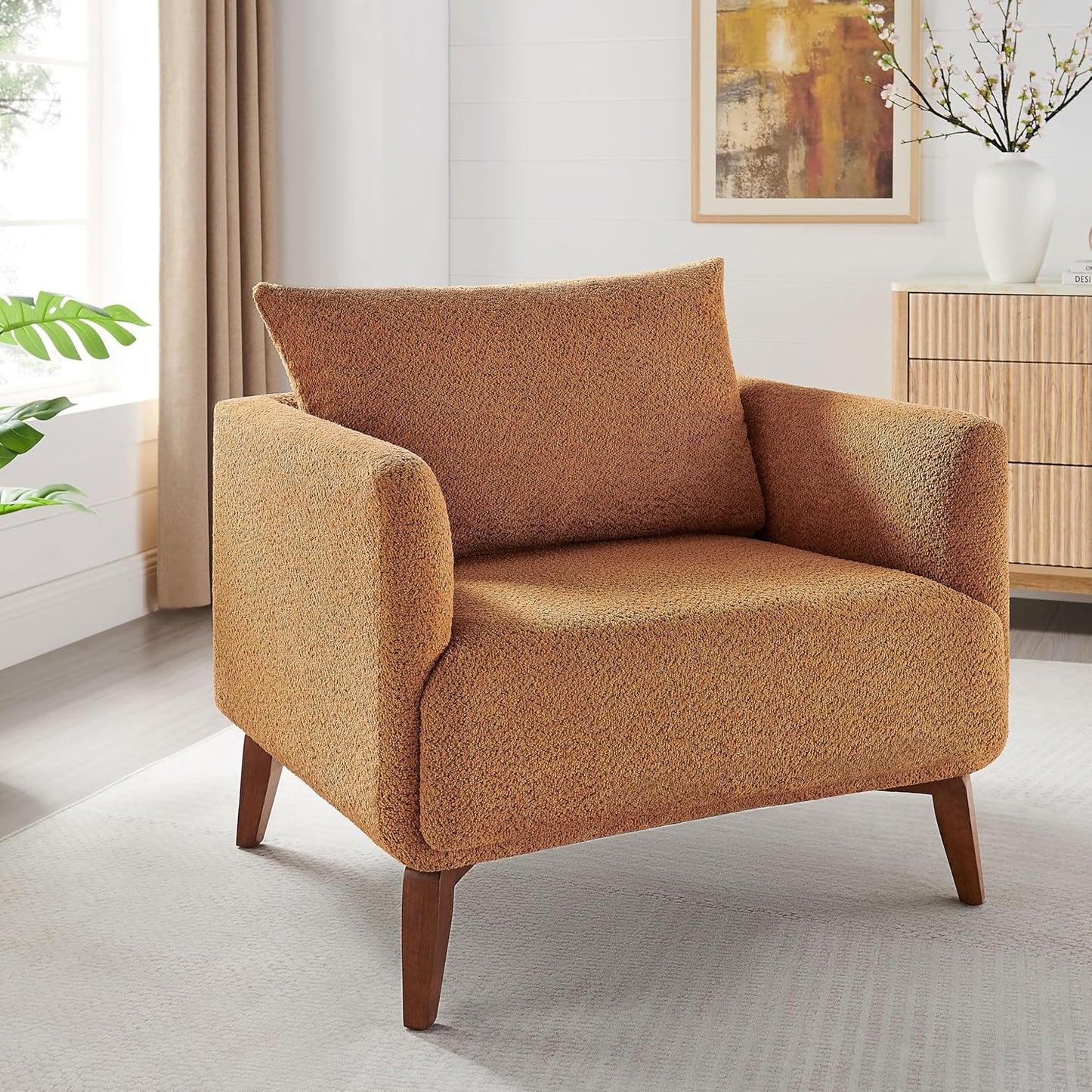 Oversized Accent Chair Modern Boucle Armchair for Living Room- 37" Wide Accent Chair with Solid Wood Legs, Curry Upholstered Lounge Chair for Bedroom & Office, Cozy Reading Chair (Easy Assembly)