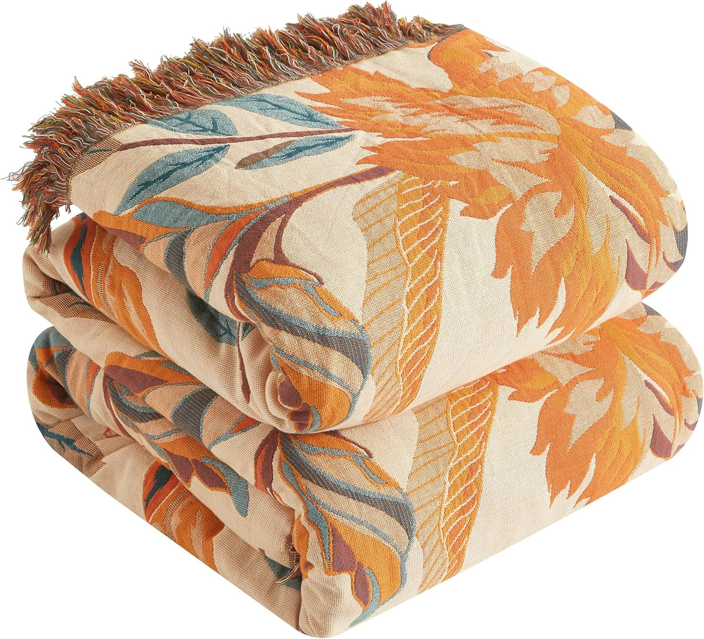 Boho Throw Blanket for Bed 90”x98”, 100% Cotton Woven Blanket for Couch Sofa, Ultra Soft 4-Layer Muslin Quilt with Floral Printed, Farmhouse Bed Blanket/Cover for Living Room Decor