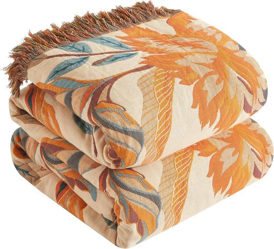 Boho Throw Blanket for Bed 60”x80”, 100% Cotton Woven Blanket for Couch Sofa, Ultra Soft 4-Layer Muslin Quilt with Floral Printed, Farmhouse Bed Blanket/Cover for Living Room Decor