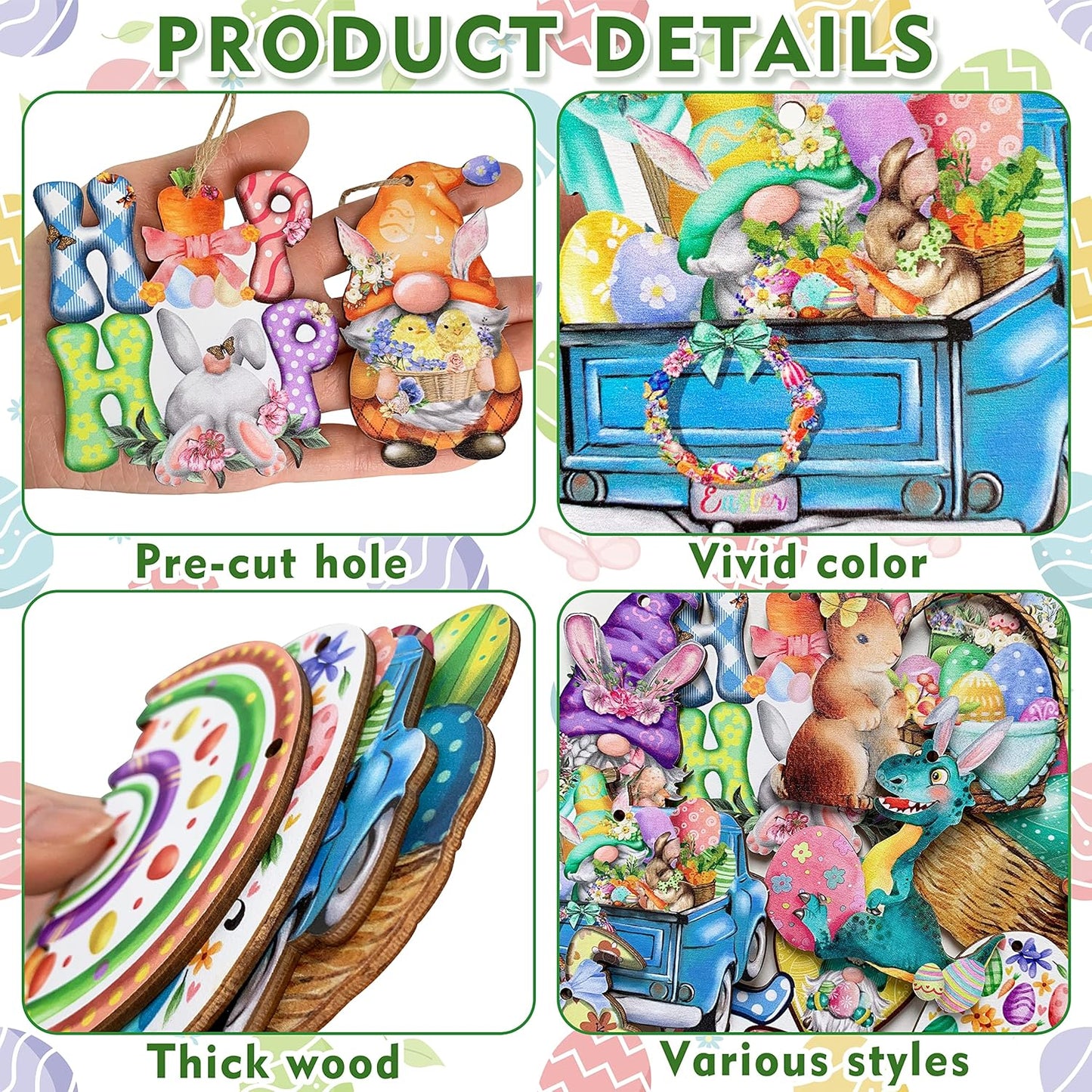 24 Wooden Hanging Ornaments, Hanging Decor for Tree, Happy Easter Egg Gnome Bunny Wooden Craft Spring Party Supplies Home Decor