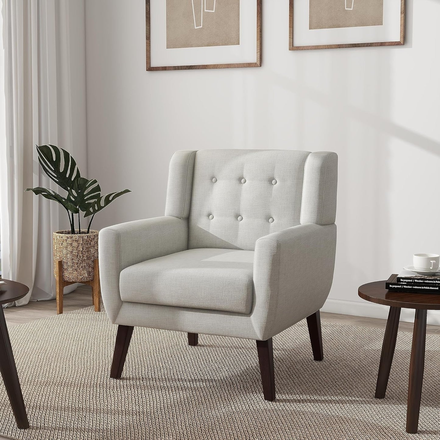 UIXE Accent Chair, Modern Upholstered Armchair in Fabric for Living Room, Comfy Club Arm Chairs Single Sofa Button Tufted Bedroom Reading Seat - Beige, Set of 4