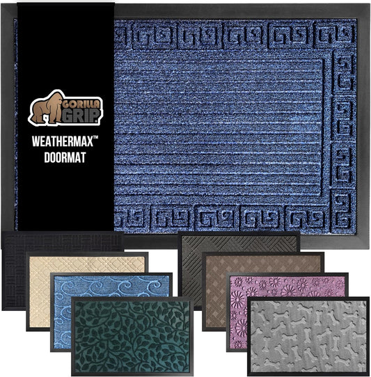 GORILLA GRIP 100% Waterproof All-Season WeatherMax Doormat 35x23, US Designed Natural Rubber, Stain and Fade Resistant, Low Profile Indoor Outdoor Door Mats, Easy Clean Patio Mat, Navy Greek Keys