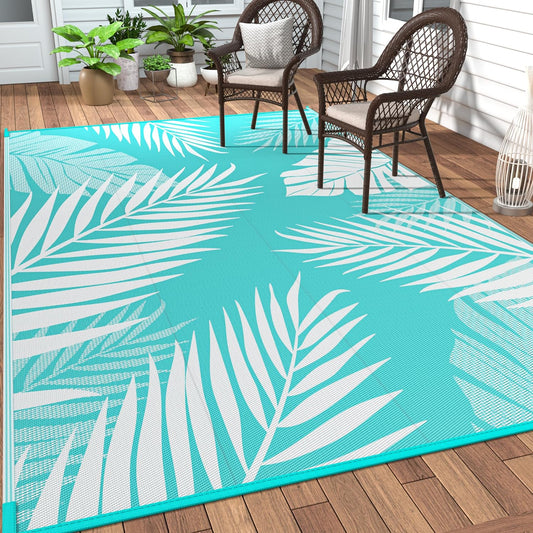 GENIMO Outdoor Rug 8' x 10' Waterproof for Patios Clearance, Reversible Outdoor Plastic Straw Camping Rug Carpet, Large Area Rugs Mats for RV, Camper, Deck, Balcony, Porch, Beach, Aqua Blue&White