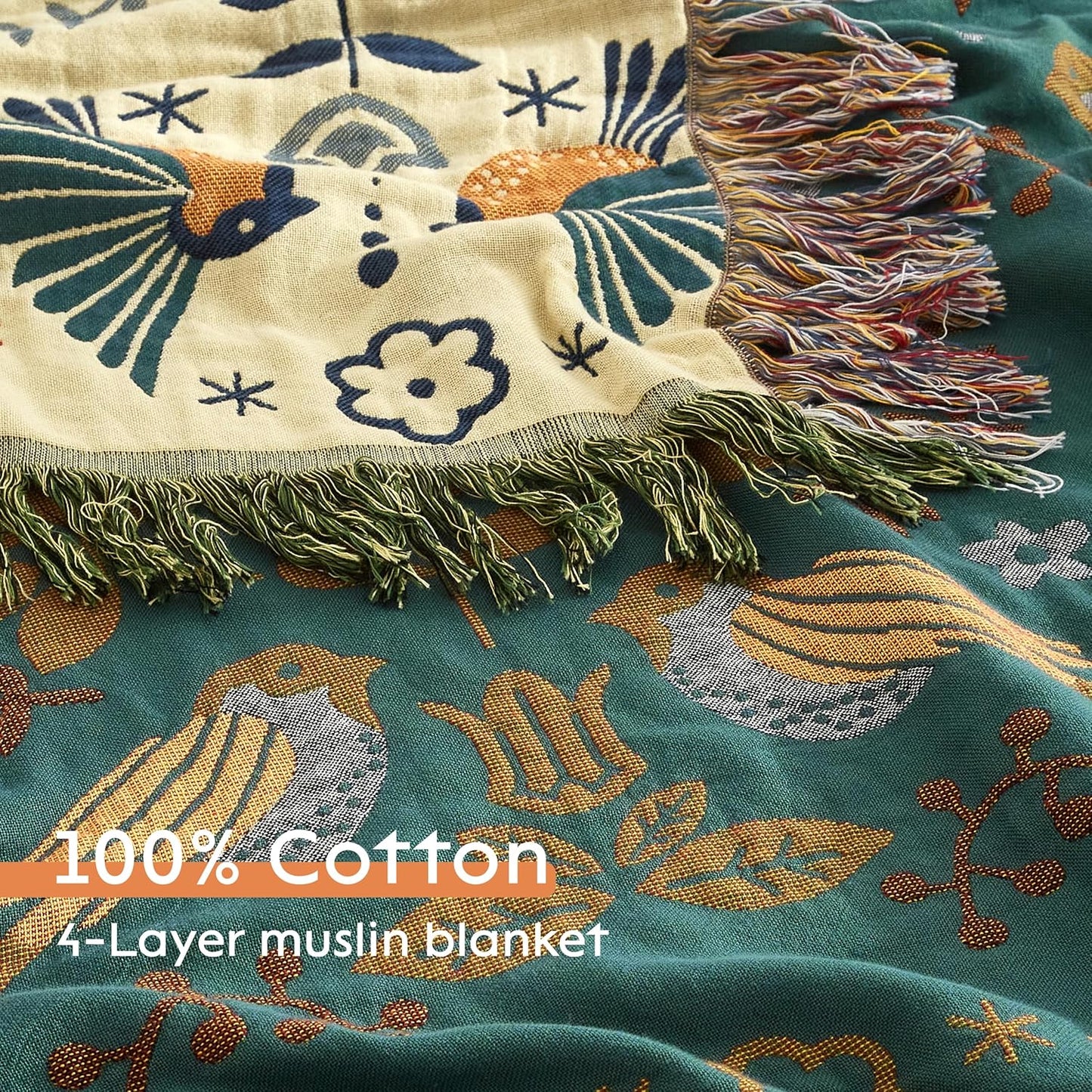Boho Throw Blanket for Bed 80”x90”, 100% Cotton Woven Blanket for Couch Sofa, Ultra Soft 4-Layer Muslin Quilt with Bird Floral Printed, Farmhouse Bed Blanket/Cover for Living Room Decor