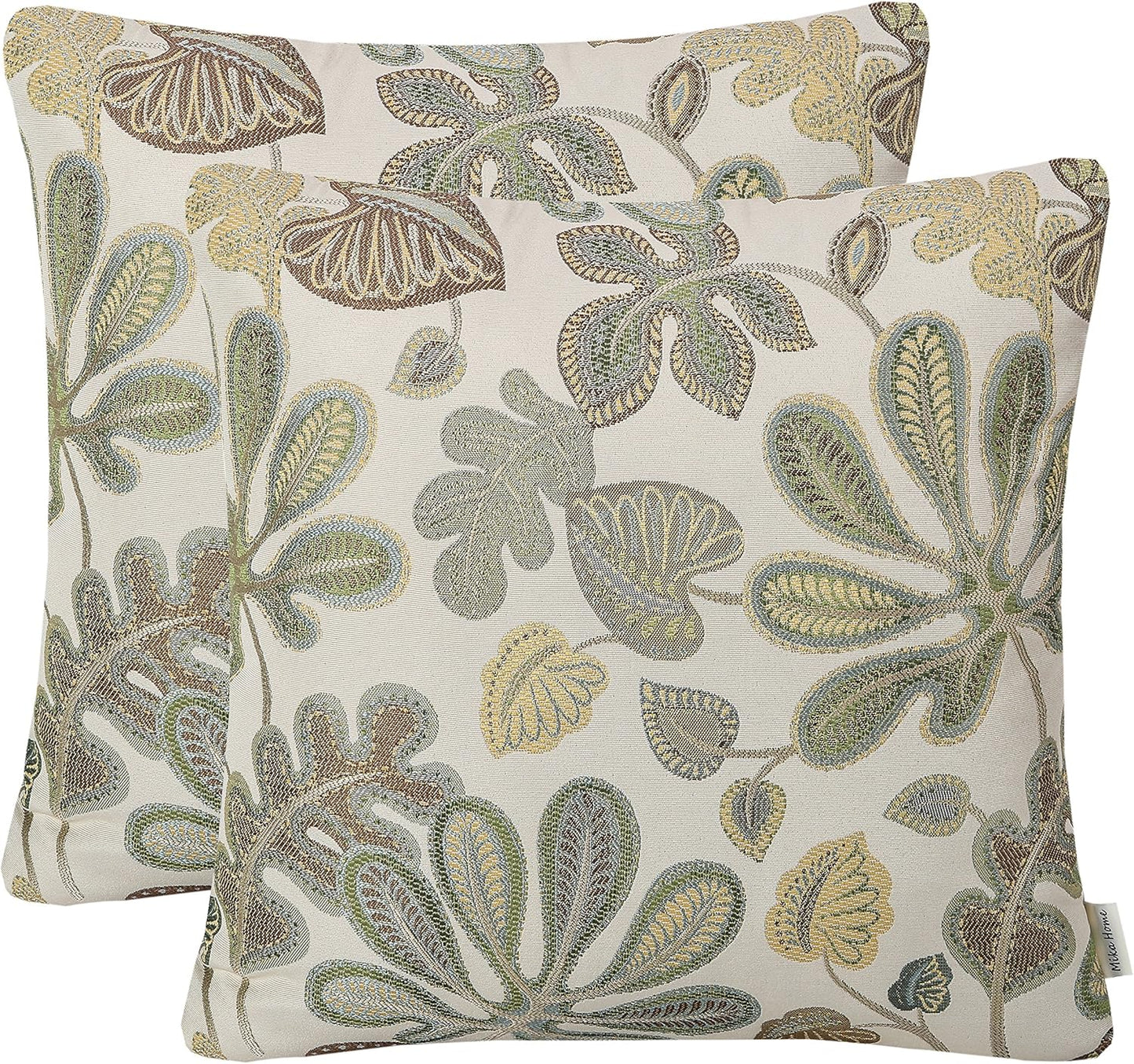 Set of 2 Jacquard Tropical Leaf Pattern Throw Pillow Covers Decorative Pillowcase 22X22 Inches,Green Cream