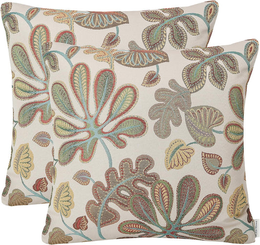 Set of 2 Jacquard Tropical Leaf Pattern Throw Pillow Covers Decorative Pillowcase 20X20 Inches,Teal Cream